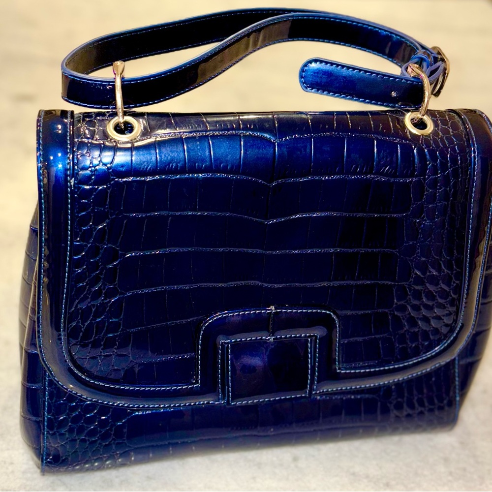 Blue Croc Embossed Satchel with Gold-Tone Hardware - Picture 4 of 16